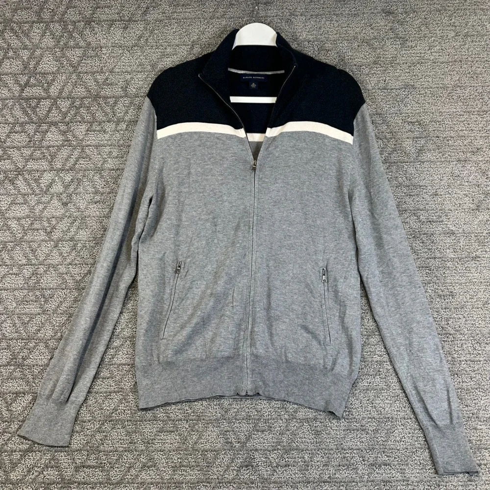 Banana Republic Men's Zip Front Sweater‎ Jacket Cardigan Size M Gray Black silk